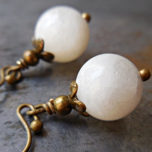 White moonstone earrings, genuine moonstone earrings natural gem stone earrings handmade moonstone and brass earrings bronze artisan jewelry