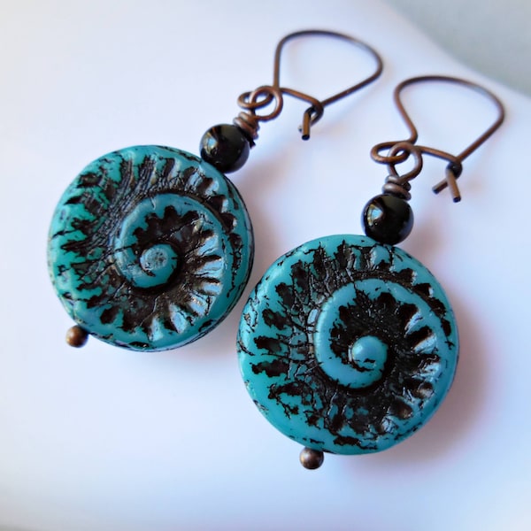 Snail fossil earrings, black onyx, nautilus earrings, rustic bohemian teal blue dangles, turquoise & black glass bead drops, antique copper