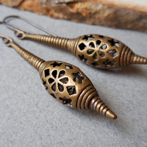 African style brass earrings, long ethnic tribal metal dangle earrings, big chunky earrings Africa styled brass flower antiqued oxidized