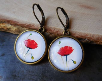 Red poppies, Red poppy earrings, Poppy jewelry earrings, Red flower earrings, Red poppies jewelry, Moms gift, Bronze glass earring, Red