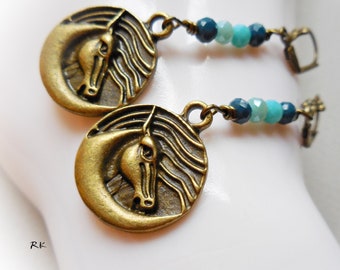 Horse Earrings Long horse dangle earrings Horse gifts Horse jewelry Handmade drop earrings blue glass brass bronze vintage finish animal