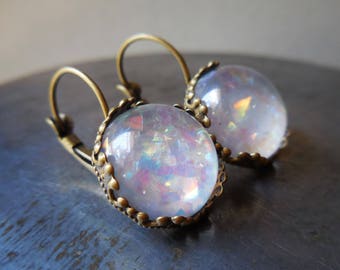 White opal resin drop earrings, faux white fire opal, glittering moon opal, round post earrings, sparkly dangle, retro vintage style bronze