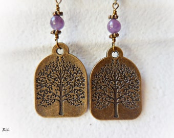 Tree of life earrings Natural amethyst long earrings Rustic earthy brass Purple gem stone Nature lover gift Forest love magic Spiritual yoga