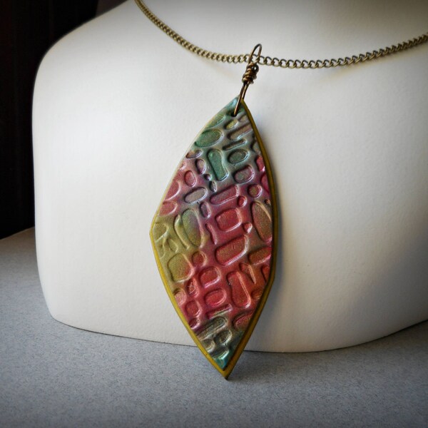 Colorful necklace Large Pendant Necklace polymer clay leaf fall color geometric brass bronze chain organic rustic art boho jewelry handmade