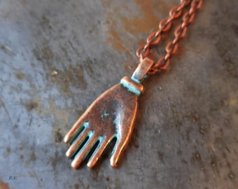 Handmade Copper Necklace, Hand Palm Charm, Rustic Blue Green Patina, Copper Pendant, Mystic, Boho, Charm, Palmistry, Spiritual Magic Folk
