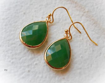 Jade Green Glass Drop Earrings, Green Dangle Earrings, Gold Plated Dressy Small Faceted Teardrop, emerald green, hunter green, classic gift