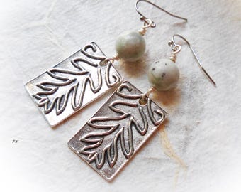 Peace Jasper Leaf Charm Earrings. Handmade Statement Dangle Earrings Natural Stone Healing Jewelry Boho Chic Bohemian Gemstone Silver Plated