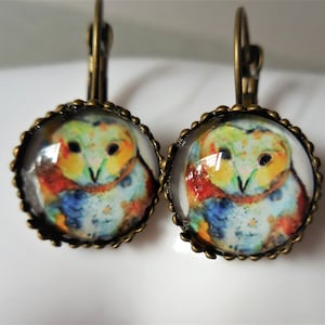 Whimsical owl earrings, cute owl earrings, woodland bird animal earrings, round glass brass post earrings, vintage style antique bronze lace