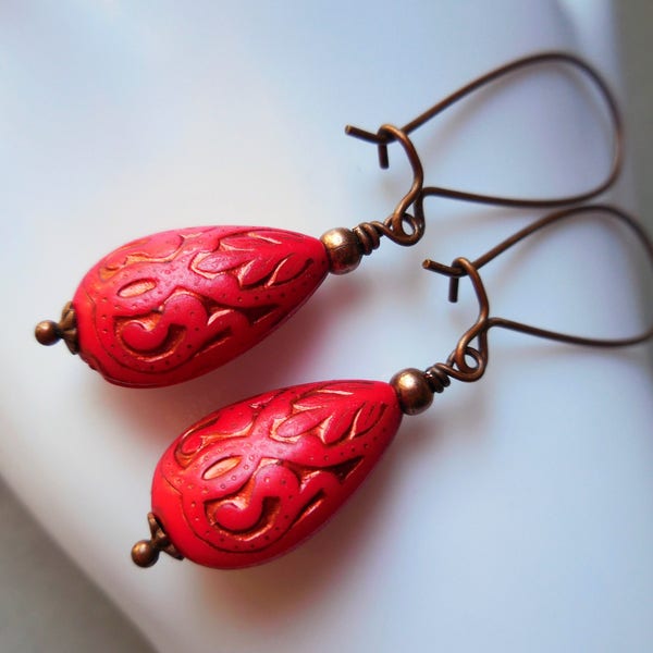 Long red earrings, red drop earrings, cinnabar red acrylic earrings, long coral red dangle earrings, Moroccan jewelry, red boho earrings