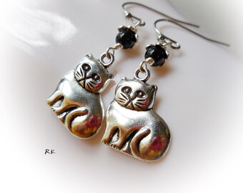 Cat Earrings Cute Cat Black Onyx dangle earrings Pet animal earrings kitten silver metal stone handmade gift for cat lover stainless steel