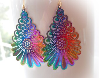 Rainbow peacock feather earrings filigree teardrop metallic copper gold Boho bohemian earring Large Modern long big dangle filigree earrings