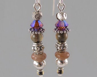 earthy earrings of serpentine, African glass, Swarovski crystal and sterling silver