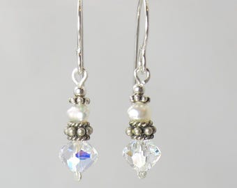 Vintage Swarovski Crystal AB & Akoya Keshi Pearl Sterling Silver Earrings: Petite, Minimalist, Bridal