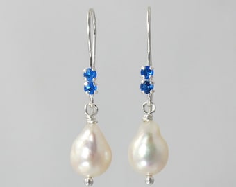 rare hauyne earrings of sterling silver and cultured baroque Akoya pearl blue hauyn hauynite