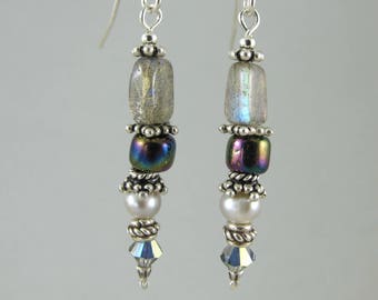 labradorite, Swarovski crystal, freshwater pearl, glass and sterling silver earrings earrings