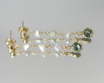 Madagascar blue green kornerupine and Japanese Akoya pearl gold filled post earrings OOAK