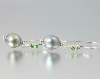 green garnet and Japanese Akoya pearl sterling silver earrings Russian demantoid and Merelani mint