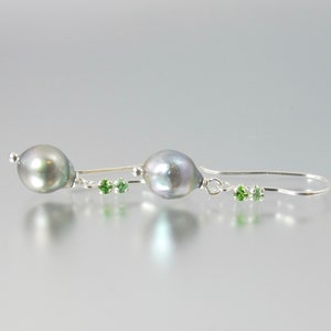 green garnet and Japanese Akoya pearl sterling silver earrings Russian demantoid and Merelani mint image 1