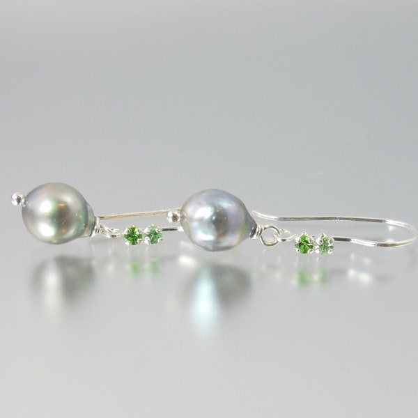 green garnet and Japanese Akoya pearl sterling silver earrings Russian demantoid and Merelani mint