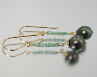 emerald and cultured Tahitian pearl 14k yellow gold filled earrings