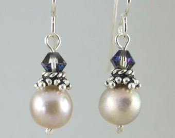 dainty minimalist lilac pink freshwater pearl and Swarovski crystal sterling silver earrings