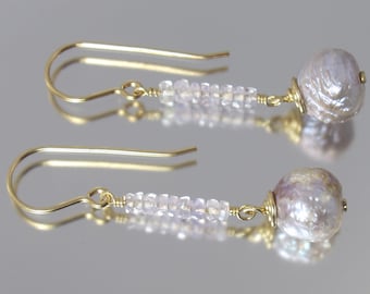 rare lilac scapolite and rosebud pearl 14k yellow gold filled earrings