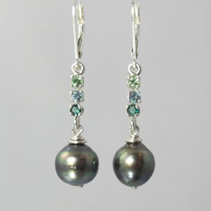 ombre rare gemstone collector's earrings lazulite, Tanzanian kornerupine, mint Merelani garnet and Tahitian pearl lever backs image 1