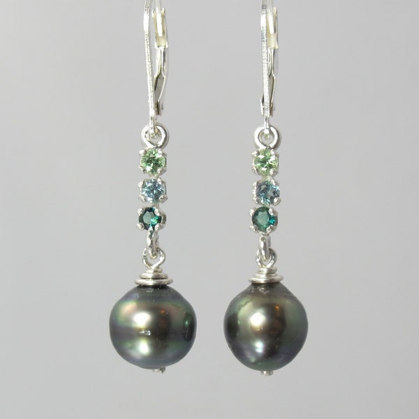ombre rare gemstone collector's earrings lazulite, Tanzanian kornerupine, mint Merelani garnet and Tahitian pearl lever backs