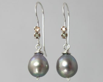 rare petite dainty Brazilian andalusite and freshwater pearl sterling silver minimalist earrings