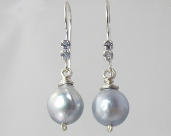 ultra rare cyprine and Japanese Akoya pearl sterling silver earrings minimalist dainty petite blue cuprian idocrase cupro vesuvianite