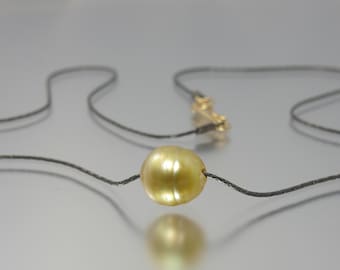 golden South Sea pearl oxidized sterling silver and gold filled minimalist 16 inch floating necklace