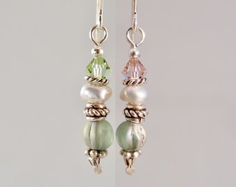 petite color change Swarovski crystal keshi pearl and Czech glass sterling silver earrings