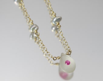 topaz briolette with inset pink spinel natural color freshwater keshi pearls 14k gold filled minimalist station necklace