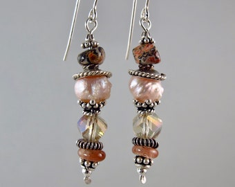 warm textural sterling silver earrings rosebud pearl, leopard skin jasper, crystal, glass