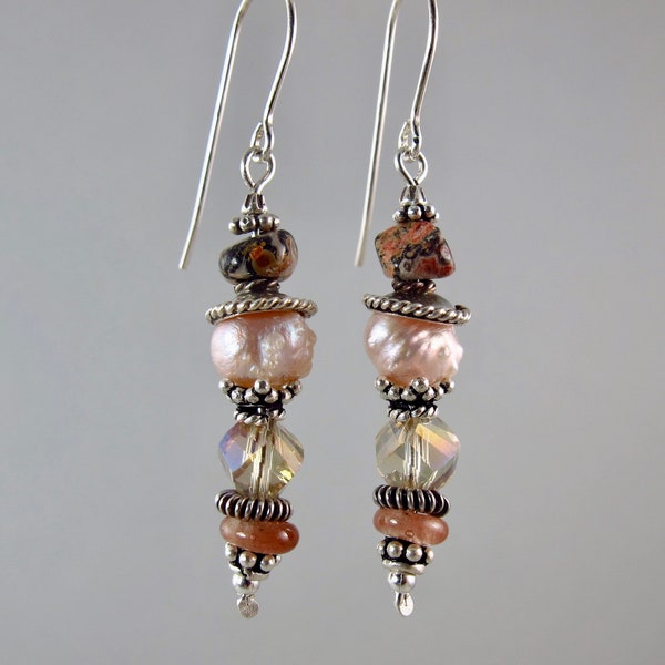 warm textural sterling silver earrings rosebud pearl, leopard skin jasper, crystal, glass