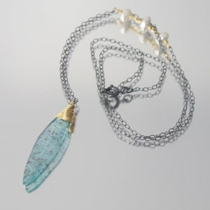 mixed metal kyanite and freshwater keshi pearl 14k gold filled and oxidized sterling silver asymmetrical minimalist necklace
