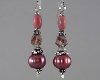 pink passion sterling silver earrings with rhodonite, freshwater pearl, and crystal