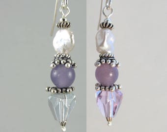 vintage Japanese alexandrite color change crystal, lepidolite, and keshi pearl sterling silver earrings