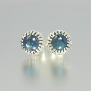 Chatoyant Kyanite Sterling Silver Stud Earrings: 6mm, Cat's Eye, Blue Gemstone, Gallery Bezel