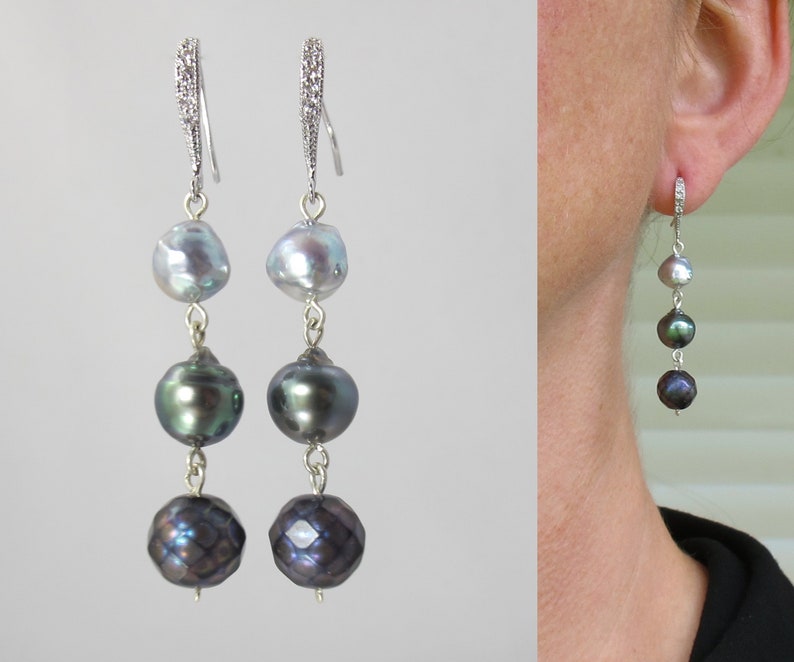 Three precious pearls earrings ombre sterling silver Tahitian faceted freshwater and natural blue Vietnamese shops Akoya