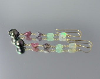 long multi gemstone Tahitian pearl gold filled earrings one of a kind rainbow ombre opal chrysoprase tourmaline spinel