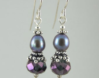 purple crystal and freshwater pearl sterling silver earrings