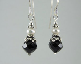 petite minimalist vintage Swarovski jet black crystal and gray keshi freshwater pearl sterling silver earrings