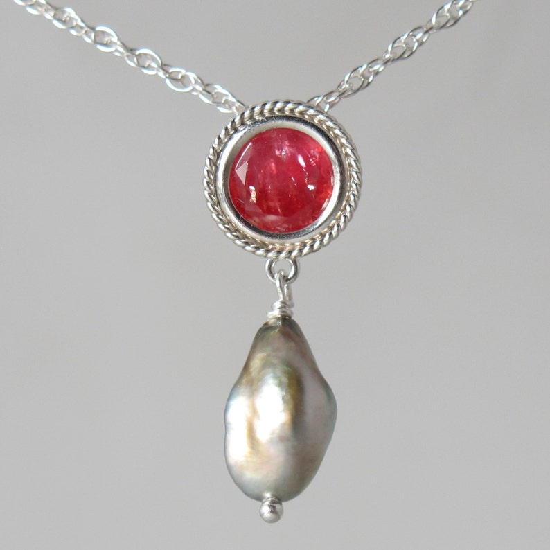 RARE faceted rhodochrosite and Tahitian keshi pearl sterling silver 18 slide necklace image 4