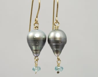 cultured baroque Tahitian pearl and blue Cambodian zircon 14k yellow gold filled earrings