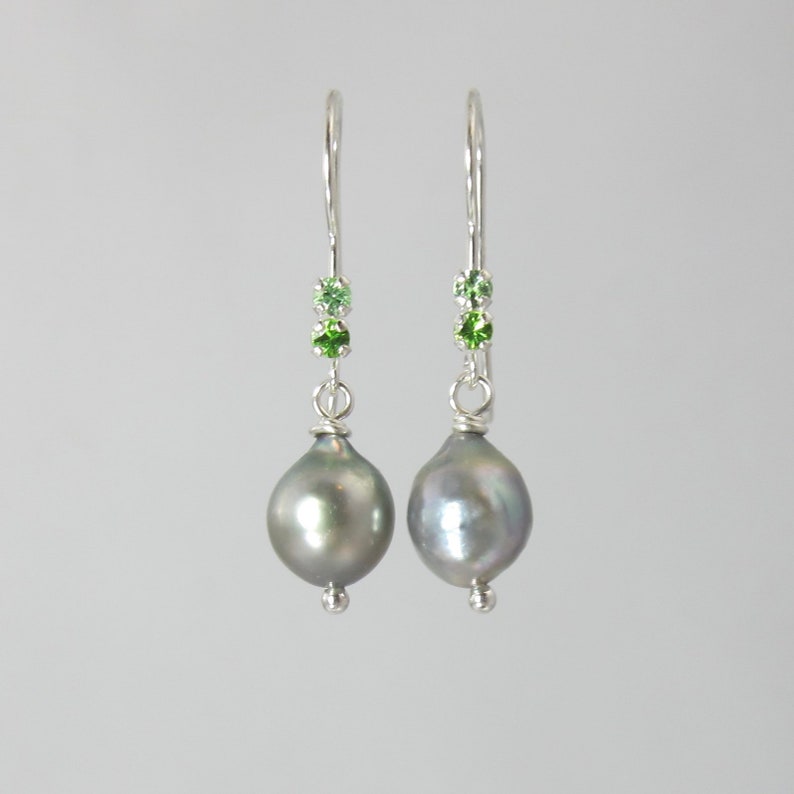 green garnet and Japanese Akoya pearl sterling silver earrings Russian demantoid and Merelani mint image 6