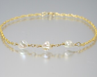 high orient keshi freshwater pearl and 14k gold filled dainty minimalist bracelet 7.5 inch