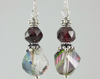 garnet and crystal sterling silver earrings