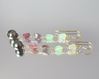 long multi gemstone Tahitian pearl gold filled earrings one of a kind rainbow ombre opal chrysoprase tourmaline spinel