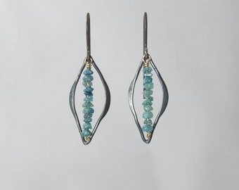 raw blue diamond stone bar earrings of mixed metal oxidized sterling silver and gold filled